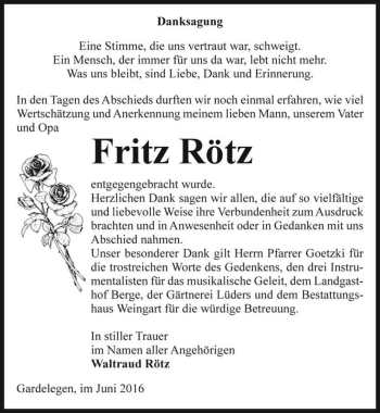 Traueranzeige von Fritz Rötz  von Magdeburger Volksstimme