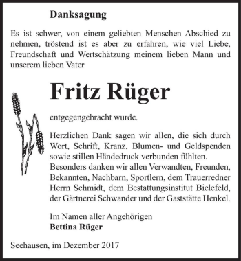 Traueranzeige von Fritz Rüger  von Magdeburger Volksstimme