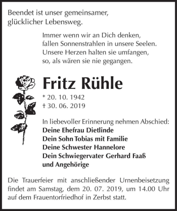 Traueranzeige von Fritz Rühle  von Magdeburger Volksstimme