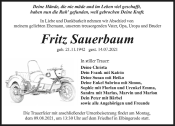 Traueranzeige von Fritz Sauerbaum  von Magdeburger Volksstimme