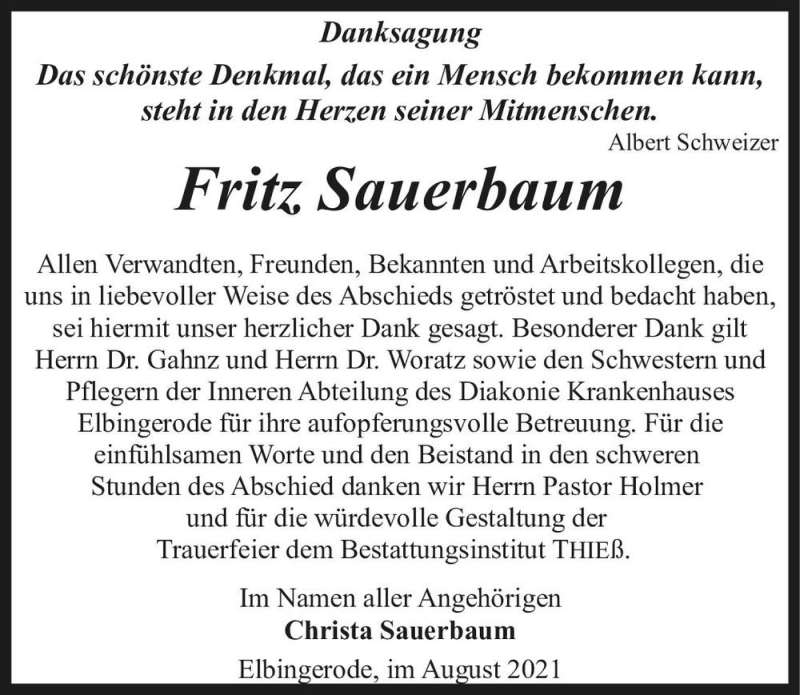  Traueranzeige für Fritz Sauerbaum  vom 21.08.2021 aus Magdeburger Volksstimme