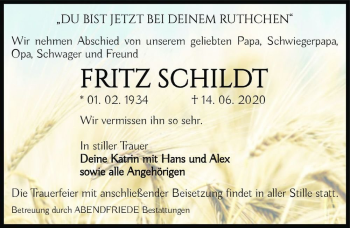 Traueranzeige von Fritz Schildt  von Magdeburger Volksstimme