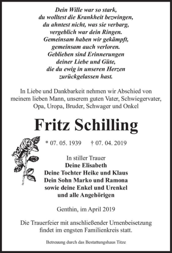 Traueranzeige von Fritz Schilling  von Magdeburger Volksstimme