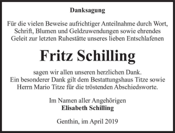 Traueranzeige von Fritz Schilling  von Magdeburger Volksstimme