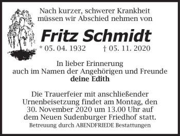 Traueranzeige von Fritz Schmidt  von Magdeburger Volksstimme