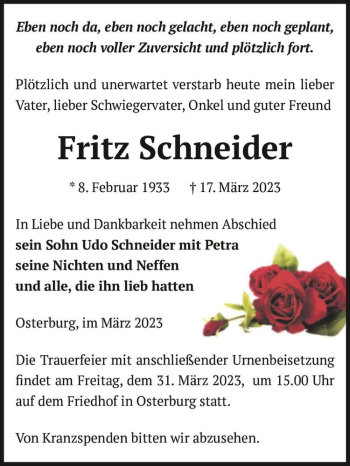 Traueranzeige von Fritz Schneider  von Magdeburger Volksstimme