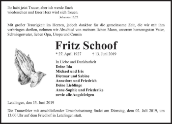 Traueranzeige von Fritz Schoof  von Magdeburger Volksstimme