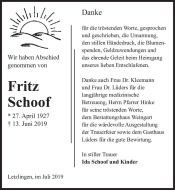 Traueranzeige von Fritz Schoof  von Magdeburger Volksstimme