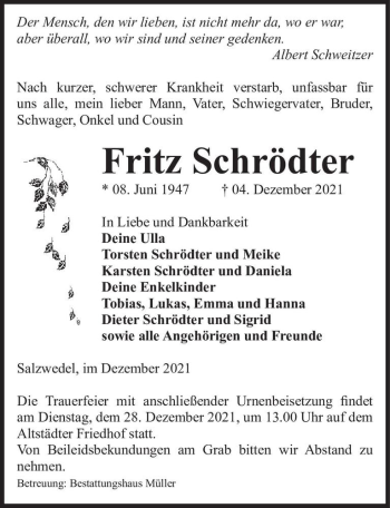 Traueranzeige von Fritz Schrödter  von Magdeburger Volksstimme