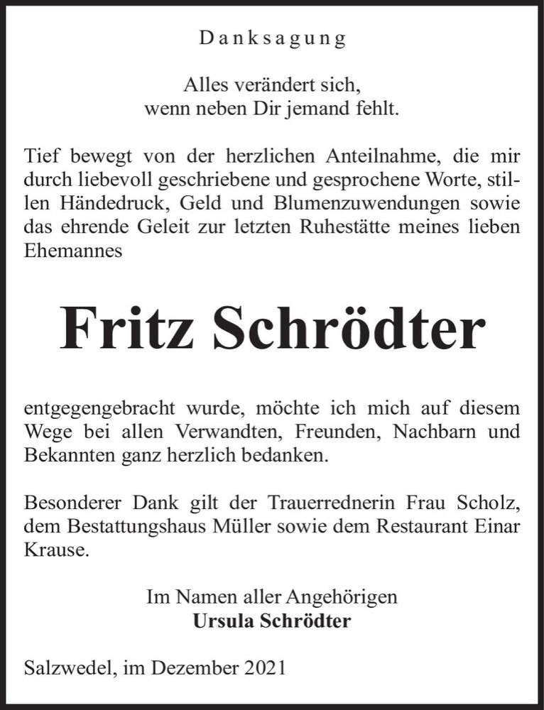  Traueranzeige für Fritz Schrödter  vom 31.12.2021 aus Magdeburger Volksstimme
