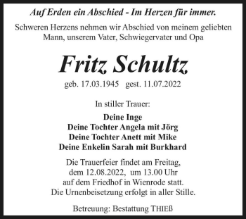 Traueranzeige von Fritz Schultz  von Magdeburger Volksstimme