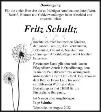 Traueranzeige von Fritz Schultz  von Magdeburger Volksstimme