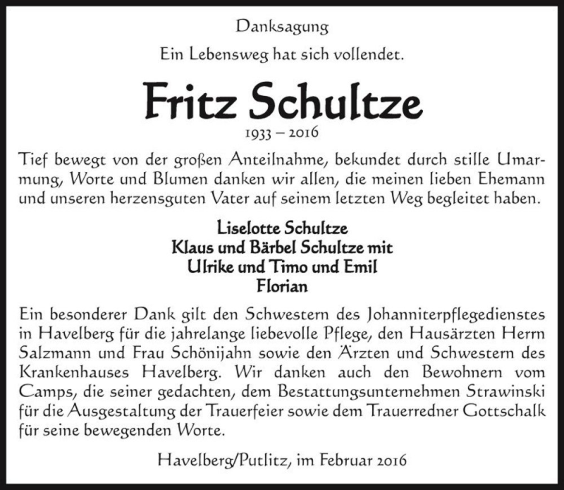  Traueranzeige für Fritz Schultze  vom 05.03.2016 aus Magdeburger Volksstimme