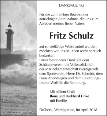 Traueranzeige von Fritz Schulz  von Magdeburger Volksstimme