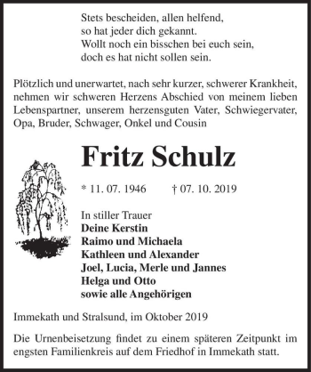 Traueranzeige von Fritz Schulz  von Magdeburger Volksstimme