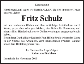 Traueranzeige von Fritz Schulz  von Magdeburger Volksstimme