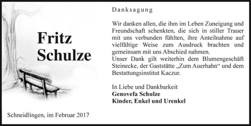 Traueranzeige für Fritz Schulze  vom 15.02.2017 aus Magdeburger Volksstimme