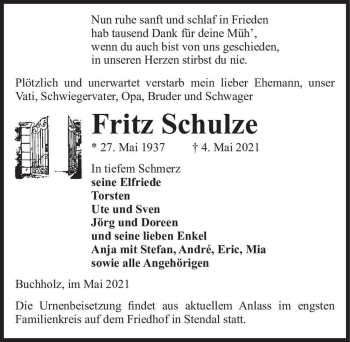 Traueranzeige von Fritz Schulze  von Magdeburger Volksstimme
