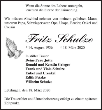 Traueranzeige von Fritz Schulze  von Magdeburger Volksstimme