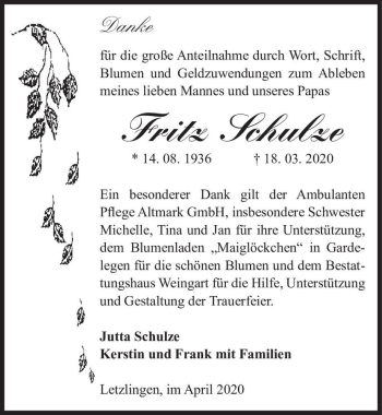Traueranzeige von Fritz Schulze  von Magdeburger Volksstimme
