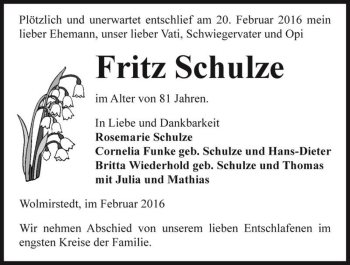 Traueranzeige von Fritz Schulze  von Magdeburger Volksstimme