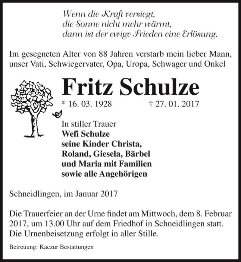  Traueranzeige für Fritz Schulze  vom 31.01.2017 aus Magdeburger Volksstimme