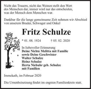 Traueranzeige von Fritz Schulze  von Magdeburger Volksstimme