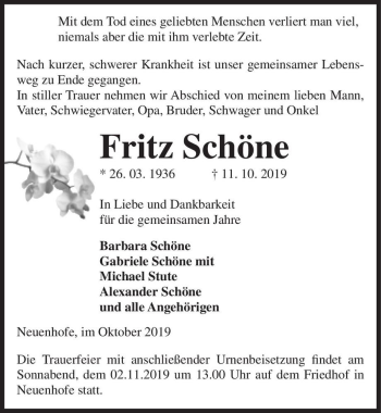Traueranzeige von Fritz Schöne  von Magdeburger Volksstimme