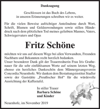 Traueranzeige von Fritz Schöne  von Magdeburger Volksstimme