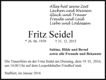 Traueranzeige von Fritz Seidel  von Magdeburger Volksstimme