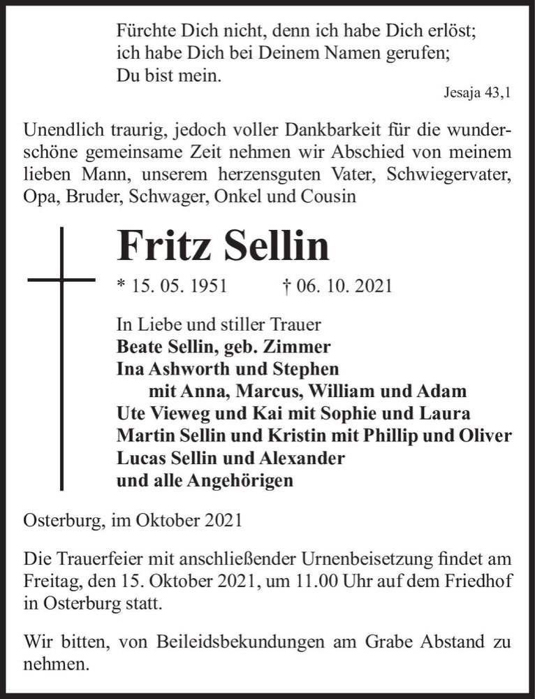  Traueranzeige für Fritz Sellin  vom 12.10.2021 aus Magdeburger Volksstimme
