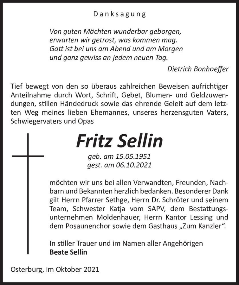  Traueranzeige für Fritz Sellin  vom 30.10.2021 aus Magdeburger Volksstimme