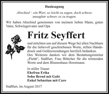 Traueranzeige von Fritz Seyffert  von Magdeburger Volksstimme