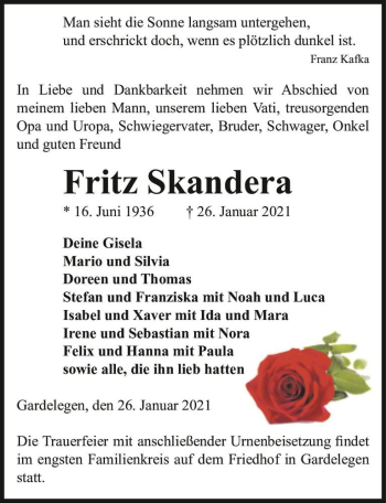 Traueranzeige von Fritz Skandera  von Magdeburger Volksstimme