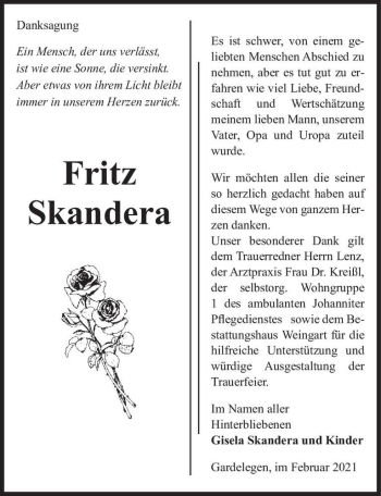 Traueranzeige von Fritz Skandera  von Magdeburger Volksstimme