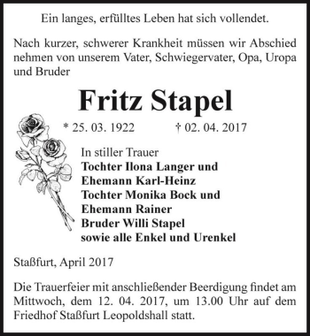 Traueranzeige von Fritz Stapel  von Magdeburger Volksstimme