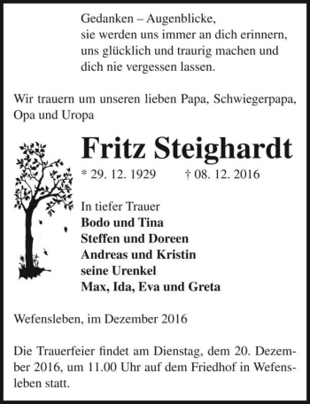 Traueranzeige von Fritz Steighardt  von Magdeburger Volksstimme