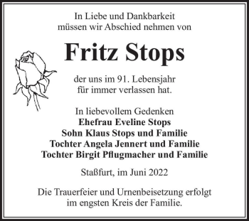 Traueranzeige von Fritz Stops  von Magdeburger Volksstimme