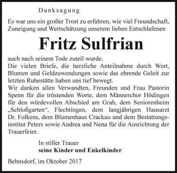 Traueranzeige von Fritz Sulfrian  von Magdeburger Volksstimme