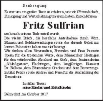 Traueranzeige von Fritz Sulfrian  von Magdeburger Volksstimme