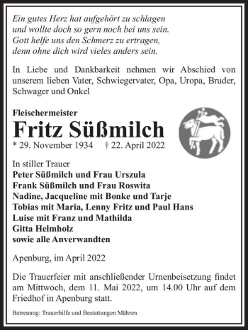 Traueranzeige von Fritz Süßmilch  von Magdeburger Volksstimme