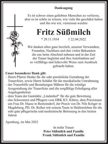 Traueranzeige von Fritz Süßmilch  von Magdeburger Volksstimme
