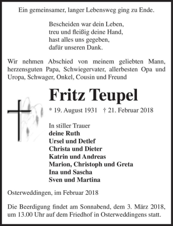 Traueranzeige von Fritz Teupel  von Magdeburger Volksstimme