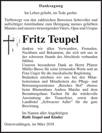 Traueranzeige von Fritz Teupel  von Magdeburger Volksstimme