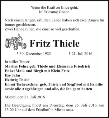 Traueranzeige von Fritz Thiele  von Magdeburger Volksstimme