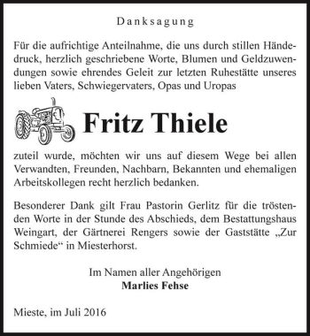 Traueranzeige von Fritz Thiele  von Magdeburger Volksstimme