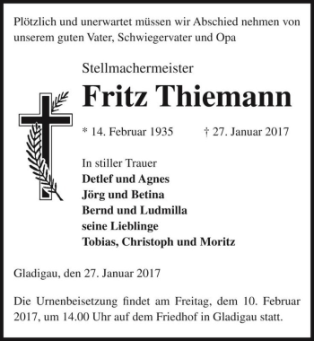 Traueranzeige von Fritz Thiemann  von Magdeburger Volksstimme