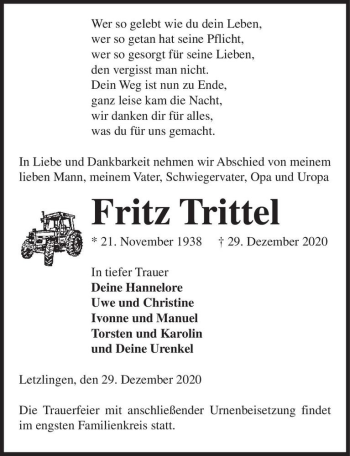Traueranzeige von Fritz Trittel  von Magdeburger Volksstimme