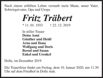 Traueranzeige von Fritz Träbert  von Magdeburger Volksstimme