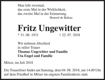 Traueranzeige von Fritz Ungewitter  von Magdeburger Volksstimme